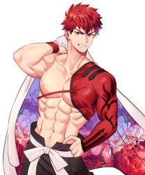 Rule 34 | 1boy, abs, absurdres, bad id, bad twitter id, bara, bare pectorals, black pants, blackkdogg, cape, emiya shirou, fate/grand order, fate (series), floral print, grin, hakama, hakama pants, hand on own hip, highres, holding, holding cape, holding clothes, igote, japanese clothes, looking at viewer, male focus, muscular, muscular male, navel, nipples, over shoulder, pants, pectorals, red hair, senji muramasa (fate), short hair, single sleeve, smile, solo, stomach, white background, yellow eyes