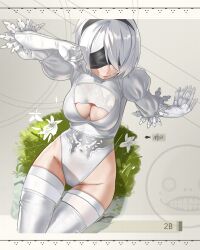Rule 34 | 1girl, 2b (nier:automata), absurdres, black blindfold, black hairband, black leotard, blindfold, breasts, cleavage, cleavage cutout, closed mouth, clothing cutout, covered navel, feather-trimmed sleeves, hairband, highleg, highleg leotard, highres, leotard, medium breasts, nier:automata, nier (series), short hair, smile, solo, thighhighs, two-tone leotard, waligner, white hair, white leotard, white thighhighs