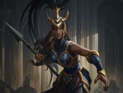 Rule 34 | 1girl, armor, bare shoulders, breastplate, brown hair, dark-skinned female, dark skin, helmet, holding, holding polearm, holding weapon, kalista, league of legends, long hair, looking at viewer, official art, pants, parted lips, polearm, red eyes, ruination: a league of legends novel, solo focus, teeth, weapon