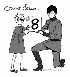 Rule 34 | 10s, 1boy, 1girl, 2015, aldnoah.zero, artist name, blunt bangs, blush stickers, boots, buttons, countdown, dated, double-breasted, dress, eddelrittuo, english text, greyscale, harklight, holding, holding sign, kneeling, long sleeves, looking at viewer, looking away, mary janes, military, military uniform, monochrome, pants, puffy sleeves, shimura takako, shoes, short hair, sign, simple background, uniform, very short hair, white background
