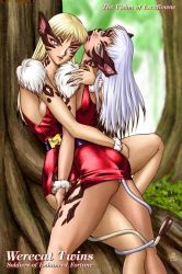 Rule 34 | 1990s (style), 2girls, animal ears, aqua eyes, ass, belt, between legs, blonde hair, breasts, camisole, cat ears, cat tail, claws, english text, eriya, forest, furry, grass, grey hair, holding, hug, incest, legs, lips, lipstick, long hair, makeup, multiple girls, naria, nature, pink eyes, retro artstyle, siblings, side slit, sideboob, sisters, sitting, smile, tail, tail wrap, tenkuu no escaflowne, tree, yuri