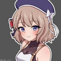 Rule 34 | 1girl, azur lane, bare shoulders, beret, blue hat, bow, breasts, brown hair, closed mouth, collarbone, commentary request, covered collarbone, cross, dated, hair bow, hat, hat bow, highres, iron cross, medium breasts, outline, purple eyes, rock zinc, signature, smile, solo, striped bow, upper body, white bow, white outline, z23 (azur lane)