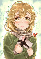 Rule 34 | 10s, 1girl, :d, animal, animal on shoulder, bandaid, bandaid on face, bandaid on hand, black ribbon, blush, box, commentary request, crab, eyelashes, gift, gift box, green background, hair between eyes, holding, holding gift, kantai collection, light brown hair, long sleeves, looking at viewer, oboro (kancolle), open mouth, pink lips, plaid, plaid scarf, ribbon, scarf, smile, sumeragi hamao, upper body, valentine, yellow eyes