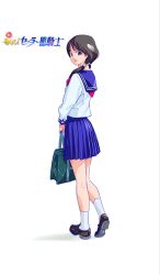 Rule 34 | 1girl, absurdres, aruga teruto, bag, blue sailor collar, blue skirt, brown footwear, brown hair, copyright request, from behind, highres, holding, holding bag, loafers, long hair, looking at viewer, low twintails, pleated skirt, purple eyes, sailor collar, school uniform, serafuku, shadow, shirt, shoes, simple background, skirt, socks, solo, standing, standing on one leg, twintails, white background, white shirt, white socks