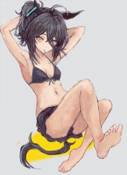 Rule 34 | 1girl, ahoge, animal ears, arms behind head, arms up, bare arms, bare legs, bare shoulders, barefoot, bikini, black bikini, black hair, breasts, closed mouth, colored shadow, eyes visible through hair, full body, grey background, hair over one eye, hair tie, hair tie in mouth, horse ears, horse girl, horse tail, manhattan cafe (the bubbles that i see with you) (umamusume), manhattan cafe (umamusume), mouth hold, navel, ponytail, shadow, simple background, small breasts, soles, solo, swimsuit, tail, tying hair, umamusume, yanagi wakana, yellow eyes