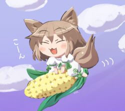 Rule 34 | 1girl, :3, :d, = =, animal ear fluff, animal ears, barefoot, blue background, blush stickers, brown hair, chibi, closed eyes, cloud, commentary request, corn cob, flying, fox ears, fox tail, full body, gradient background, happy, kudamaki tsukasa, open mouth, purple background, rokugou daisuke, simple background, smile, solo, tail, touhou, v arms, white romper