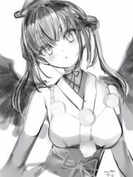 Rule 34 | 1girl, breasts, dot nose, greyscale, hair ornament, head tilt, highres, looking at viewer, medium breasts, monochrome, nanashi (nlo), nijisanji, obi, parted lips, sash, simple background, solo, spread wings, twintails, virtual youtuber, white background, yamagami karuta