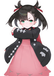 Rule 34 | 1girl, absurdres, asymmetrical bangs, backpack, bag, black choker, black hair, black jacket, blush, choker, closed mouth, creatures (company), dress, earrings, game freak, green eyes, hair ribbon, hashiko nowoto, highres, holding, holding poke ball, jacket, jewelry, long sleeves, looking at viewer, marnie (pokemon), nintendo, open clothes, open jacket, pink dress, poke ball, poke ball (basic), pokemon, pokemon swsh, red ribbon, ribbon, simple background, sleeves past wrists, solo, twintails, v-shaped eyebrows, white background