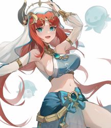 Rule 34 | 1girl, :d, armpits, arms up, blue bow, blue eyes, blue skirt, bouncing breasts, bow, breasts, brooch, cowgirl position, crop top, detached sleeves, genshin impact, highres, horns, jewelry, large breasts, long hair, long sleeves, looking at viewer, navel, nilou (genshin impact), open mouth, parted bangs, red hair, revealing clothes, see-through, sideboob, simple background, skirt, smile, solo, straddling, veil, very long hair, white background, zombie ke