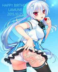 Rule 34 | 1girl, aoumi lamune, ass, bad id, bad pixiv id, black thighhighs, blue background, breasts, character name, dated, female focus, food, food on body, food writing, fruit, hair ornament, hairclip, happy birthday, headphones, headphones around neck, highres, lamunation, lamunation!, large breasts, lens flare, mashuu (neko no oyashiro), open mouth, panties, pantyshot, side ponytail, solo, strawberry, thighhighs, underwear, whipped cream, white panties
