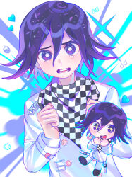 Rule 34 | 1boy, :d, absurdres, black hair, buttons, checkered clothes, checkered scarf, chibi, danganronpa (series), danganronpa v3: killing harmony, double-breasted, green background, hair between eyes, hands up, heart, highres, iro (mywife sunny), jacket, long sleeves, male focus, multicolored hair, multiple views, oma kokichi, open mouth, scarf, smile, tearing up, tears, teeth, two-tone hair, white background, white jacket