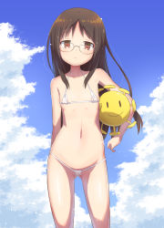 Rule 34 | 1girl, areola slip, bare arms, bare shoulders, bikini, blue sky, breasts, brown eyes, brown hair, carrying, carrying under arm, closed mouth, cloud, cloudy sky, collarbone, day, glasses, gluteal fold, highres, long hair, looking at viewer, micro bikini, minakami mai, muu rian, navel, nichijou, outdoors, sky, small breasts, solo, standing, swimsuit, very long hair, white bikini
