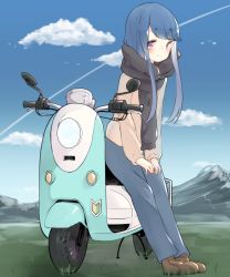 Rule 34 | 1girl, agaki anko, ankle boots, black scarf, blue hair, blue pants, blue sky, blush, boots, brown footwear, brown sweater, cloud, contrail, day, enpera, from side, full body, grass, highres, long sleeves, looking at viewer, looking to the side, motor vehicle, mountainous horizon, own hands together, pants, purple eyes, scarf, scooter, shima rin, short hair with long locks, shoshinsha mark, sidelocks, sitting, sky, solo, sweater, yurucamp