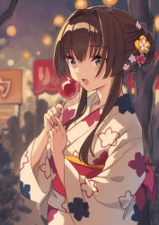 Rule 34 | alternate costume, brown hair, candy apple, cherry blossoms, commentary request, festival, floral print, flower, food, hair flower, hair ornament, japanese clothes, kantai collection, kimono, long hair, mitsuyo (mituyo324), ponytail, solo focus, white kimono, yamato (kancolle), yukata