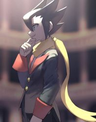 Rule 34 | 1boy, black hair, black jacket, black pants, blurry, buttons, commentary request, creatures (company), from side, game freak, green eyes, grimsley (pokemon), hand up, jacket, long sleeves, male focus, nintendo, pants, parted lips, pokemon, pokemon bw, scarf, shibano 1103, shirt, short hair, smile, spiked hair, white shirt, yellow scarf