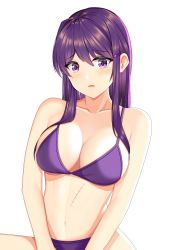 Rule 34 | 1girl, bare arms, bare shoulders, bikini, blush, breasts, cleavage, collarbone, commentary, doki doki literature club, hair ornament, hairclip, large breasts, long hair, looking at viewer, navel, parted lips, purple bikini, purple eyes, purple hair, r3d, scar, sidelocks, simple background, solo, stitches, stomach, swimsuit, thighs, upper body, white background, yuri (doki doki literature club)