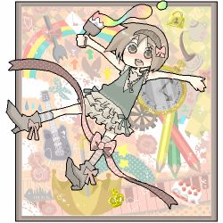 Rule 34 | 1girl, ankle boots, azuma seiji, blush, bone, boots, bow, bug, butterfly, cake, clock, colored pencil, colorful, crown, cup, fish, food, fork, fruit, gears, guitar, hairband, higashi (azm), higashi (pixiv114341), high heels, insect, instrument, key, keyboard, keyboard (instrument), lace, leg ribbon, lock, lowres, oekaki, original, outstretched arms, paint, paintbrush, painting (action), pastry, pencil, polka dot, polka dot ribbon, rainbow, ribbon, scissors, shoes, solo, spread arms, strawberry, striped, tea, teacup, teapot, trim brush, umbrella, wooden pencil