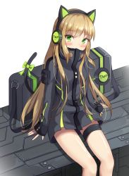 Rule 34 | 1girl, animal ear headphones, animal ears, arms at sides, bag, black jacket, blush, bow, cat ear headphones, cat ears, cat tail, character name, commentary request, covered mouth, fake animal ears, girls&#039; frontline, green bow, green eyes, head tilt, headphones, highres, jacket, light brown hair, long hair, long sleeves, looking at viewer, seero, sidelocks, sitting, sleeves past wrists, solo, tail, tail bow, tail ornament, thigh strap, tmp (girls&#039; frontline), very long hair