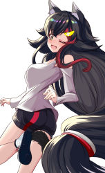 Rule 34 | 1girl, ;d, absurdres, animal ear fluff, animal ears, bare shoulders, black hair, highres, hololive, long hair, long sleeves, multicolored hair, one eye closed, ookami mio, ookami mio (casual), open mouth, red hair, risian, shirt, shorts, smile, streaked hair, tail, very long hair, virtual youtuber, wolf ears, wolf tail, yellow eyes
