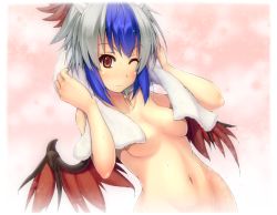 Rule 34 | 1girl, bad id, bad pixiv id, blue hair, blush, border, breasts, censored, convenient censoring, fading border, female focus, grey hair, groin, head wings, hinami (hinatamizu), horns, medium breasts, multicolored hair, navel, nude, one eye closed, orange eyes, red eyes, short hair, solo, tokiko (touhou), touhou, towel, two-tone hair, upper body, wavy mouth, wings, wink