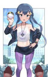 Rule 34 | 1girl, :d, black skirt, blue eyes, blue hair, blush, bracelet, commentary request, creatures (company), dawn (pokemon), dot nose, game freak, gen 4 pokemon, gible, hair ornament, hairclip, hand on own hip, hand up, highres, holding, holding poke ball, jewelry, long hair, looking at viewer, midriff, miniskirt, navel, necklace, nintendo, open mouth, pantyhose, poke ball, pokemon, pokemon (creature), pokemon bdsp, poketch, purple pantyhose, sanpaku, shirt, skirt, smile, solo, ultra ball, unizou, watch, white shirt, wristwatch