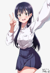 Rule 34 | 1girl, artist name, black hair, blue skirt, blush, boku no kokoro no yabai yatsu, brown eyes, collared shirt, dated, hand up, highres, kippei, long hair, looking at viewer, mole, mole on neck, open mouth, outstretched arm, pleated skirt, selfie, shirt, simple background, skirt, solo, uniform, v, white background, white shirt, yamada anna