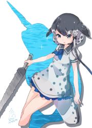 Rule 34 | 10s, 1girl, blowhole, blue eyes, bow, cetacean tail, dress, fins, fish tail, frilled dress, frills, grey hair, hair bow, kemono friends, multicolored hair, narwhal (kemono friends), neckerchief, polearm, puffy short sleeves, puffy sleeves, sailor collar, short hair, short sleeves, sidelocks, signature, solo, spear, spotted hair, tail, tatsuno newo, weapon
