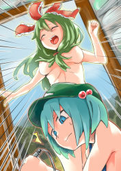 Rule 34 | 2girls, bad id, bad pixiv id, blue eyes, blue hair, bow, breasts, commentary request, convenient censoring, emphasis lines, closed eyes, front ponytail, green hair, hair bobbles, hair bow, hair censor, hair ornament, hat, highres, hinamatsuri, kagiyama hina, kawashiro nitori, muchi maro, multiple girls, nipples, nude, open door, open mouth, ^^^, surprised, topless, touhou, twintails, two side up