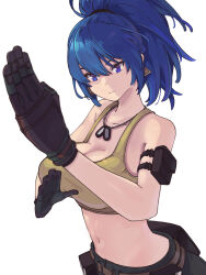 Rule 34 | 1girl, arm pouch, bare shoulders, black gloves, blue eyes, blue hair, breasts, cargo pants, crop top, dog tags, earrings, gloves, highres, jewelry, leona heidern, midriff, navel, ooiwa (irc14786149), pants, ponytail, simple background, sleeveless, soldier, solo, tank top, the king of fighters, the king of fighters xv, triangle earrings, white background, yellow tank top