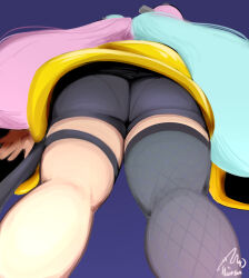 Rule 34 | 1girl, ass, black shorts, black thighhighs, blue background, blue hair, creatures (company), from below, game freak, hatsu (hatsumiilkshake), iono (pokemon), jacket, long hair, multicolored hair, nintendo, pantylines, pink hair, pokemon, pokemon sv, shorts, simple background, single thighhigh, solo, thigh strap, thighhighs, twintails, two-tone hair, very long hair, yellow jacket