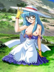 Rule 34 | 00s, 1girl, apron, blue hair, breasts, cyberdoll kei, d-ten, dress, frills, glasses, gloves, hand maid may, hat, large breasts, nature, nipples, seiza, sitting, smile, solo