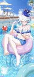 Rule 34 | 1girl, absurdres, ahoge, ball, bare shoulders, beachball, bespectacled, bikini, bikini skirt, blue bikini, blue eyes, blue hair, blue hat, blue skirt, blue sky, bubble, choker, cloud, commentary request, day, feet, feifu, furina (genshin impact), genshin impact, glasses, gloves, hands up, hat, highres, innertube, jewelry, legs, looking at viewer, miniskirt, multicolored hair, navel, no shoes, off-shoulder bikini, off shoulder, pendant, pleated skirt, pool, skirt, sky, smile, solo, stomach, streaked hair, swim ring, swimsuit, thighhighs, thighs, toes, top hat, umbrella, water, white choker, white gloves, white hair, white thighhighs