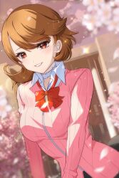 Rule 34 | 1girl, blurry, blurry background, blush, bow, bowtie, breasts, brown eyes, brown hair, cardigan, cherry blossoms, choker, collared shirt, commentary, earrings, eyelashes, falling petals, glint, heart, heart choker, highres, jewelry, light particles, long sleeves, looking at viewer, loose bowtie, medium breasts, outdoors, parted lips, persona, persona 3, persona 3 reload, petals, pink cardigan, red bow, red bowtie, ribbed cardigan, shirt, short hair, smile, solo, stud earrings, swept bangs, takeba yukari, upper body, white choker, white shirt, zer00han
