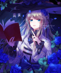 Rule 34 | 1girl, :d, absurdres, bad id, bad pixiv id, black hat, blue eyes, blue flower, blue rose, blurry, blurry foreground, book, commission, floating hair, flower, hat, highres, holding, holding wand, long hair, long sleeves, nail polish, open book, open mouth, original, purple nails, rose, silver hair, smile, solo, takano jiyuu, twitter username, very long hair, wand, watermark, witch, witch hat