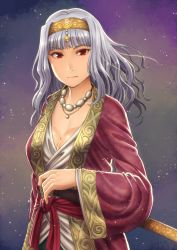 Rule 34 | 1girl, breasts, chiaki rakutarou, cleavage, collarbone, floating hair, hairband, hand on hilt, highres, idolmaster, idolmaster (classic), jewelry, long hair, looking at viewer, medium breasts, necklace, night, outdoors, red eyes, shijou takane, shiny skin, shirt, silver hair, sky, solo, standing, star (sky), starry sky, white shirt, yellow hairband