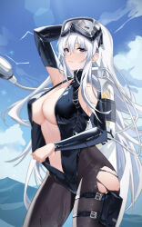 Rule 34 | 1girl, absurdres, alternate costume, arm behind head, armpit cutout, azur lane, blue sky, bodysuit, breasts, clothing cutout, cloud, cloudy sky, diving suit, enterprise (azur lane), enterprise (diving under blue skies) (azur lane), flippers, goggles, goggles on head, hair between eyes, highres, holding, large breasts, long hair, looking at viewer, official alternate costume, pantyhose, plunging neckline, pouch, purple eyes, scuba, scuba tank, sky, smile, solo, swimsuit, thigh pouch, tns-yoru, torn clothes, torn pantyhose, wet, wetsuit, white hair