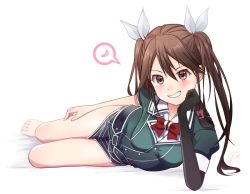 Rule 34 | barefoot, black gloves, breasts, brown eyes, brown hair, elbow gloves, gloves, grin, ittokyu, kantai collection, long hair, looking at viewer, lying, medium breasts, musical note, on side, simple background, single glove, smile, solo, spoken musical note, tone (kancolle), twintails