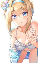 Rule 34 | 1girl, :o, absurdres, all fours, bare shoulders, bikini, blonde hair, blue eyes, blue hairband, blush, breasts, collarbone, frilled bikini, frilled bikini top, frills, girls&#039; frontline, hair between eyes, hair ornament, hairband, highres, looking at viewer, medium breasts, medium hair, official alternate costume, one side up, open clothes, open shirt, shirt, sidelocks, snowflake hair ornament, solo, sunhyun, suomi (girls&#039; frontline), suomi (midsummer pixie) (girls&#039; frontline), swimsuit, white background, white bikini, white shirt