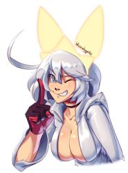 Rule 34 | 1girl, adapted costume, ahoge, black choker, black gloves, blizzardingpike, bodysuit, breasts, choker, collared shirt, cosplay, elphelt valentine, front slit, gloves, green eyes, grin, guilty gear, guilty gear strive, guilty gear xrd, hairband, huge ahoge, jack-o&#039; valentine, jack-o&#039; valentine (cosplay), large breasts, long sleeves, looking at viewer, medium hair, one eye closed, plunging neckline, red gloves, shirt, skin tight, smile, spiked hairband, spikes, two-tone gloves, white bodysuit, white hair, white shirt