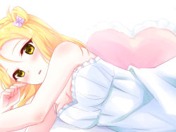 Rule 34 | 10s, 1girl, bare shoulders, blonde hair, blush, breasts, cleavage, dress, female focus, green eyes, long hair, love live!, love live! sunshine!!, ohara mari, open mouth, pillow, pipette (artist), sleeveless, sleeveless dress, solo, white dress, yellow eyes