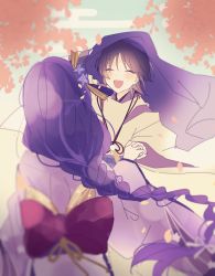 Rule 34 | 1boy, 1girl, blush, braid, cherry blossoms, closed eyes, commentary, detached sleeves, egasumi, falling petals, genshin impact, hair ornament, happy, highres, holding hands, japanese clothes, kariginu, kimono, long hair, long sleeves, low-braided long hair, low-tied long hair, mother and son, naaaa 0908, obi, open mouth, petals, purple hair, purple kimono, raiden shogun, sash, scaramouche (genshin impact), scaramouche (kabukimono) (genshin impact), short hair, traditional clothes, wide sleeves