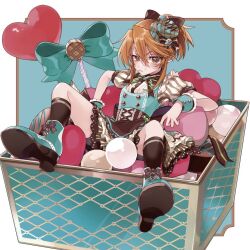 Rule 34 | 1girl, :/, ankle boots, balloon, boots, box, brown eyes, brown hair, full body, hat, heart balloon, high heel boots, high heels, idolmaster, idolmaster cinderella girls, in container, looking at viewer, mini hat, mochino, ponytail, sidelocks, solo, wrist cuffs, yuuki haru