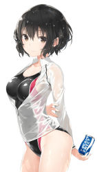 Rule 34 | 1girl, black hair, black one-piece swimsuit, blush, brand name imitation, breasts, brown eyes, can, closed mouth, collarbone, commentary request, hair between eyes, highres, holding, holding can, jacket, kani biimu, long sleeves, looking at viewer, medium breasts, one-piece swimsuit, original, pocari sweat, see-through, short hair, simple background, smile, solo, swimsuit, swimsuit under clothes, wet jacket, white background, white jacket