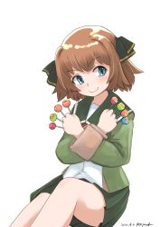 Rule 34 | 1girl, between fingers, blue eyes, blush, brown hair, candy, chupa chups, dated, food, fur-trimmed sleeves, fur trim, green jacket, green skirt, hachijou (kancolle), hair ribbon, highres, holding, jacket, kantai collection, lollipop, long sleeves, one-hour drawing challenge, pleated skirt, red neckwear, ribbon, sailor collar, school uniform, simple background, sitting, skirt, smile, solo, toplow, twitter username, white background