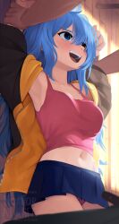 Rule 34 | 1girl, 1other, :d, armpits, arms up, blue eyes, blue hair, blue skirt, borrowed character, breasts, commentary, elie wayne, english commentary, english text, hair between eyes, highres, holding another&#039;s wrist, indoors, jacket, long hair, medium breasts, midriff, miniskirt, navel, open clothes, open jacket, open mouth, original, panties, pantyshot, pink panties, pink skirt, pink tank top, pleated skirt, skirt, smile, solo focus, sweat, tank top, underwear, very long hair, watermark, yoako, zipper