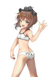 Rule 34 | 1girl, absurdres, ass, bra, breasts, brown eyes, brown hair, clothes writing, cowboy shot, headset, highres, kantai collection, looking at viewer, looking back, open mouth, panties, round teeth, short hair, small breasts, solo, speaking tube headset, teeth, text on panties, training bra, underwear, underwear only, upper teeth only, white bra, white panties, yashin (yasinz), yukikaze (kancolle)
