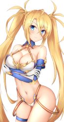 Rule 34 | 1girl, bad id, bad pixiv id, bare shoulders, bikini, blonde hair, blue bikini, blue eyes, blush, bradamante (fate), bradamante (third ascension) (fate), braid, breast hold, breasts, cleavage, closed mouth, collarbone, crossed arms, elbow gloves, fate/grand order, fate (series), french braid, gloves, hair between eyes, hair ornament, halterneck, highres, hip focus, large breasts, long hair, looking at viewer, nankaichimu, navel, simple background, smile, solo, swimsuit, thigh strap, thighs, twintails, two-tone bikini, very long hair, white background, white bikini