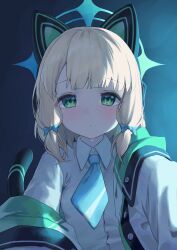 Rule 34 | 1girl, absurdres, animal ear headphones, animal ears, blonde hair, blue archive, blue bow, blue necktie, blush, bow, closed mouth, collared shirt, commentary, dress shirt, fake animal ears, from below, green eyes, hair bow, halo, headphones, highres, jacket, looking at viewer, looking down, midori (blue archive), necktie, off shoulder, shirt, short necktie, sidelocks, solo, sweat, syhan, tail, white jacket, white shirt
