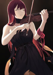 Rule 34 | 1girl, bare shoulders, bbk (13zk), black dress, breasts, choker, closed eyes, cowboy shot, dress, girls&#039; frontline, gradient background, highres, holding, holding instrument, holding violin, instrument, light particles, long hair, music, official alternate costume, parted lips, playing instrument, purple hair, red ribbon, ribbon, simple background, solo, violin, wa2000 (ballroom interlude) (girls&#039; frontline), wa2000 (girls&#039; frontline), wrist ribbon