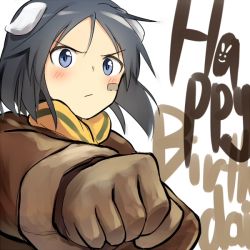 Rule 34 | 10s, 1girl, animal ears, bandaid, bandaid on face, black hair, blue eyes, blush, brave witches, clenched hand, gloves, happy birthday, kanno naoe, military, military uniform, sandwich (artist), scarf, short hair, solo, strike witches, tsuchii (ramakifrau), uniform, upper body, world witches series
